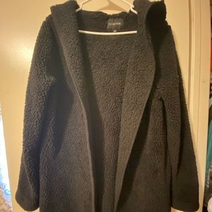 Open front fuzzy jacket with hood